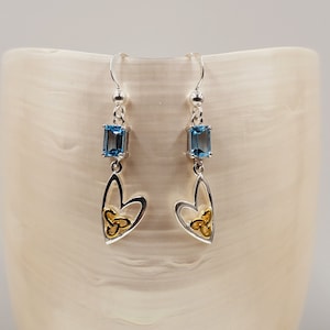 Topaz Silver Earrings, 9ct Gold Accent Sterling Silver, Celtic Heart Design, Semi Precious Natural Blue Topaz Gemstones, Custom Made Drops