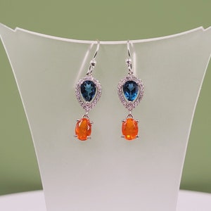 Silver Topaz Opal Earrings, Natural London Blue Topaz, Orange Ethiopian Opal, Gemstones, Cubic Zirconia Jewellery, Sterling Silver, Drops