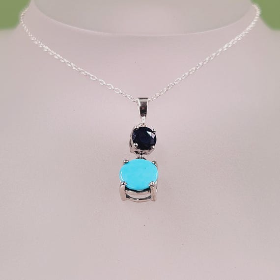Sapphire Turquoise Pendant, Dark Blue Natural Precious Sapphire