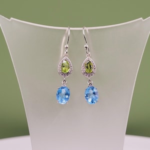 Peridot Topaz Drop-Earrings, Cubic Zirconia, Green Peridot, Blue Topaz, Semi Precious, Handmade Jewellery, Sterling Silver, Earrings