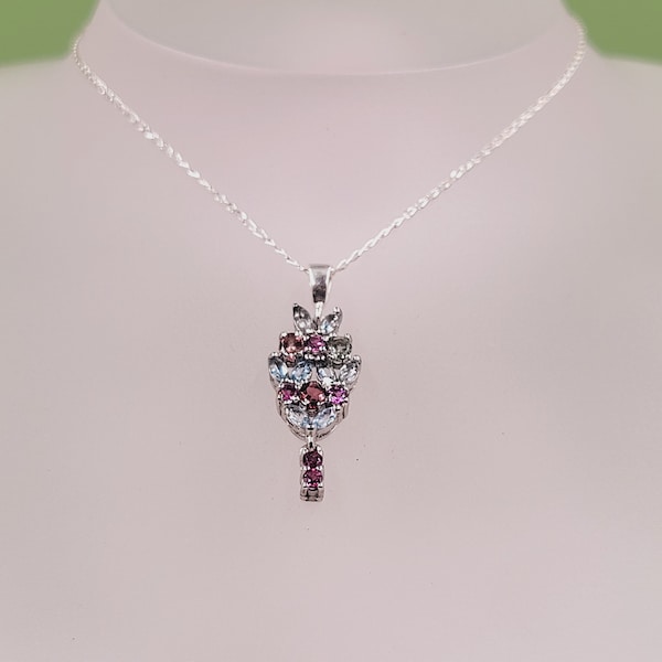 Aquamarine Tourmaline Necklace, Rhodolite Pink Purple Garnet, Semi Precious Gemstones, Handmade Jewellery, Sterling Silver, Pendant