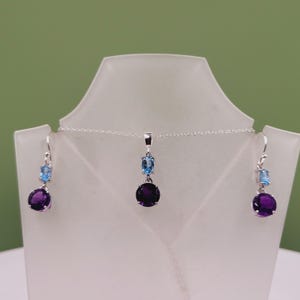 Conjunto de joyas de topacio y amatista, topacio azul, amatista morada, piedras semipreciosas naturales, plata de ley, pendientes y collar colgantes.