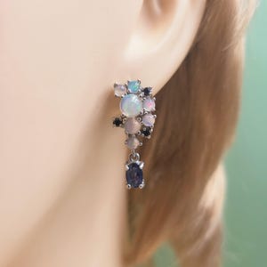 Opal Sapphire Earrings, Sterling Silver, Natural, Ethiopian Opal, Precious, Blue, Sapphire, Gemstones, Handmade  Stud Drop Earrings