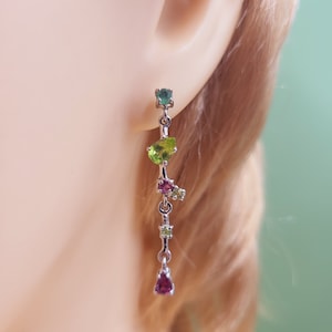 Emerald Peridot  Stud-Drops,  Rhodolite Pink Garnet, Pink Tourmaline, Natural Precious Gemstones, Sterling Silver, Stud Drop Earrings