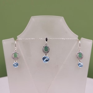 Emerald Topaz Set, Cubic Zirconia, Natural precious Green Emerald, Sky Blue Topaz, Handmade Jewellery, Sterling Silver, Necklace & Earrings