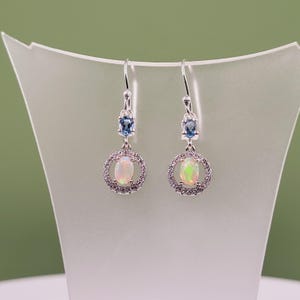 Pendientes de topacio etíope y ópalo, circonita cúbica, topacio azul, piedras semipreciosas naturales, plata de ley, pendientes colgantes hechos a mano.