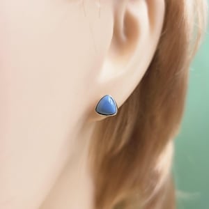 May include: A close-up of a light blue triangular stud earring with a silver-colored border. The earring is set against the backdrop of a person's ear and hair, with a soft focus background.