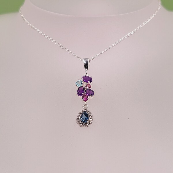 Topaz Amethyst Pendant, Rhodolite Garnet, Cubic Zirconia, London Blue & Sky Blue Topaz, Handmade  Jewellery, Sterling Silver, Necklace