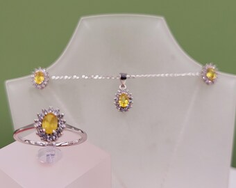 Set di gioielli in zaffiro giallo, zirconia cubica, zaffiro sfaccettato prezioso naturale, gioielli con pietre preziose fatti a mano, argento sterling