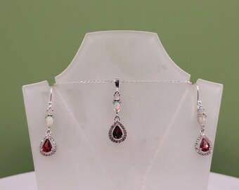 Opal Garnet Set, Cubic Zirconia, Cabochon Ethiopian Opal, Hessonite Garnet, Semi Precious, Sterling Siler, Drop Earrings & Necklace