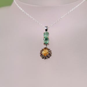 Emerald Sapphire Pendant, Golden Citrine, Natural Precious Green Emerald, Handmade Gemstone Jewellery, Sterling Silver, Necklace