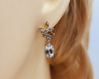 Citrine Aquamarine Earrings, Ice Aquamarine, Tourmaline, Semi Precious, Handmade Gemstone Jewellery, Sterling Silver, Stud Drop Earrings
