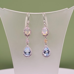 Opal Topaz Drop-Earrings, Cubic Zirconia, Ethiopian Opal, Sky Blue Topaz, Semi Precious, Handmade Jewellery, Sterling Silver, Earrings