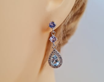 Tanzanite Topaz Earrings, Cubic Zirconia, Semi Precious Gemstone Jewellery, Sterling Silver, Stud Drop Earrings