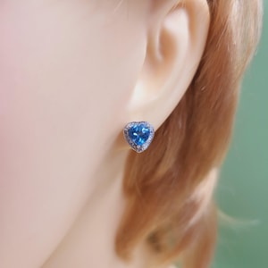 Swiss-Blue Topaz Studs, Cubic Zirconia, Semi Precious Natural Heart Faceted Gemstones, Handmade Jewellery, Sterling Silver, Stud Earrings