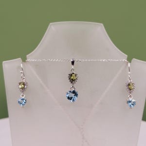 Tourmaline Topaz Set, Cubic Zirconia, Green Tourmaline, Blue Topaz, Handmade Gemstone Jewellery, Sterling Silver, Drop Earrings & Necklace