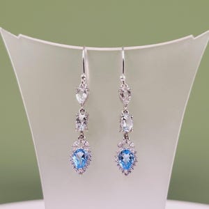 Aquamarine Topaz Silver Earrings, Semi-Precious Blue Topaz, Natural Gemstone & Cubic Zirconia, Handcrafted  Sterling Silver, Drop Earrings