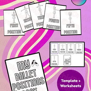Op de afbeelding: Een verzameling werkbladen met balletthema en een boek getiteld "My Ballet Positions Book". De werkbladen tonen balletposities met tekst. De afbeelding heeft een roze en paarse achtergrond met het Canva-logo.