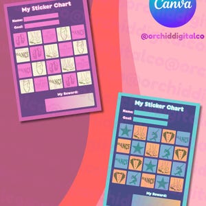 May include: Two colourful sticker charts labelled "My Sticker Chart". One features ballet-themed icons, the other stars and tuxedo icons. Both have spaces for a name, goal, and reward, ideal for tracking progress.
