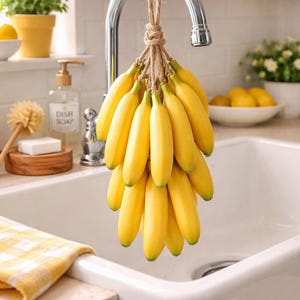 May include: A cluster of bright yellow bananas suspended from a rope tied to a kitchen tap. The bananas hang over a white sink, with a yellow and white checked tea towel on the counter. A bottle of dish soap is visible.