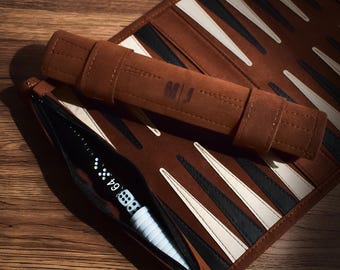 Handmade Leather Backgammon Set, Roll-Up Travel Board Game, Custom Gift for Men, Anniversary Birthday Present, Valentine's Day Gifts