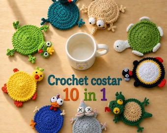 10 modelli in 1 per sottobicchieri all'uncinetto a tema animali in formato PDF, pacchetto di simpatici modelli all'uncinetto, sottotazza e portabicchiere amigurumi, regalo fatto a mano con download digitale.