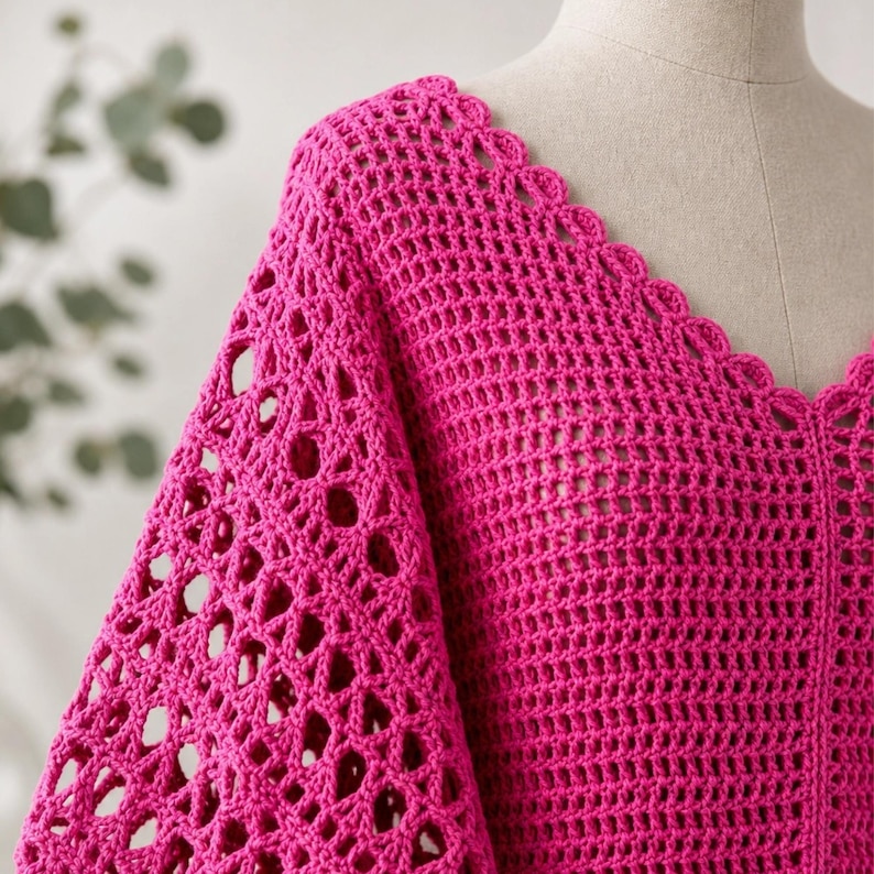 May include: A vibrant fuchsia crochet top with a V-neckline and scalloped edges. The sleeves feature openwork detailing, adding a unique texture to the garment. The top is displayed on a mannequin.