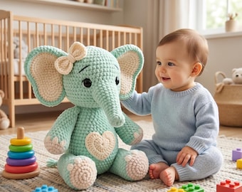 Schema facile per realizzare un elefante all'uncinetto, amigurumi, download digitale in PDF, simpatico giocattolo a forma di animale, elefante all'uncinetto per il tuo patrono, regalo per neonato