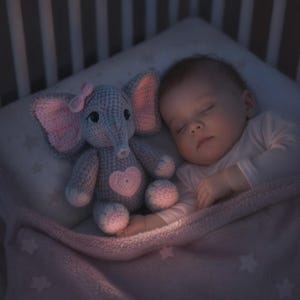 Może przedstawiać: Szara, szydełkowa zabawka w kształcie słonia z r&oacute;żowymi akcentami, w tym kokardą i sercem, leży obok śpiącego dziecka w ł&oacute;żeczku. Dziecko jest pod r&oacute;żowym kocem z wzorem gwiazd, tworząc przytulną i uspokajającą scenę.