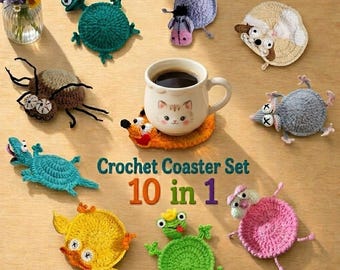 Schema per sottobicchiere all'uncinetto 10 in 1, schema amigurumi in PDF, schema all'uncinetto scaricabile immediatamente, tutorial per sottobicchieri carini, schema digitale per portabicchiere