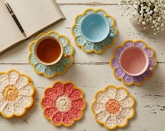 Sottobicchieri a forma di fiore all'uncinetto fatti a mano, sottotazza con margherite, decorazioni da tavola in stile cottagecore