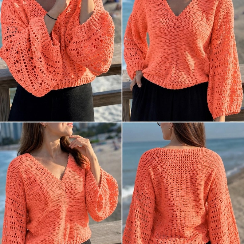 May include: A coral-colored, crocheted sweater with a V-neck and long, flared sleeves. The openwork design of the sleeves and body adds a delicate texture. The sweater is shown in multiple views, highlighting its details and fit.