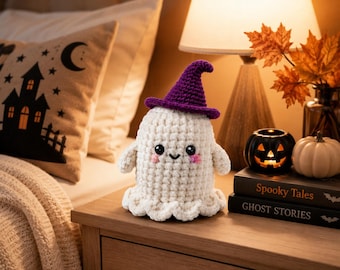 Schema per realizzare un simpatico fantasma di Halloween all'uncinetto - Fantasmino con cappello da strega in formato PDF - Regalo fatto a mano - Decorazione per la tavola (Download digitale)