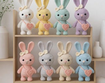 Schema per portachiavi a forma di coniglietto all'uncinetto, tutorial PDF per conigli amigurumi, ciondolo per borsa a forma di peluche