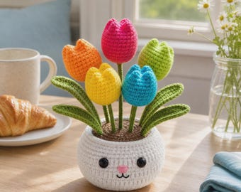 Schema per vaso di tulipani all'uncinetto, schema amigurumi a forma di coniglietto, schema per principianti all'uncinetto in PDF, download immediato di materiali per lavori creativi