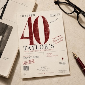 May include: A rectangular birthday invitation card featuring a large dark red number 40, the text Taylor's 40th Birthday Celebration, and event details including Saturday Nov 17, 2026, at 7:00 PM at The Lark, Columbus, Ohio, with a barcode and RSVP info.
