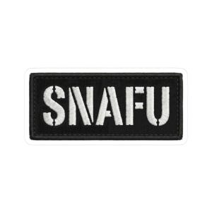 May include: Black rectangular patch with the word SNAFU in white, block letters. The patch has a black border and is likely an embroidered or printed design. The letters are bold and easy to read.