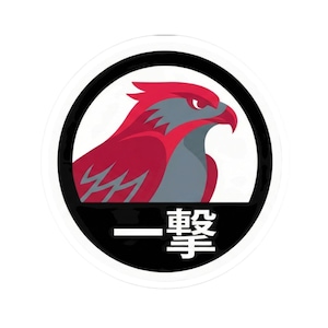 May include: A round sticker featuring a stylized red and gray hawk in profile, set against a white background. The hawk is enclosed within a black circle, with Japanese characters below. The sticker has a white border.