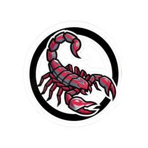 May include: A sticker featuring a stylized scorpion design. The scorpion is primarily red with gray accents, set against a white background within a black circular border. The scorpion's claws and tail are prominently displayed.