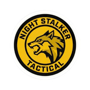 May include: A round sticker with a yellow background and a black border. The sticker features a wolf head graphic in yellow and black, with the words "NIGHT STALKER TACTICAL" in a black, bold font.