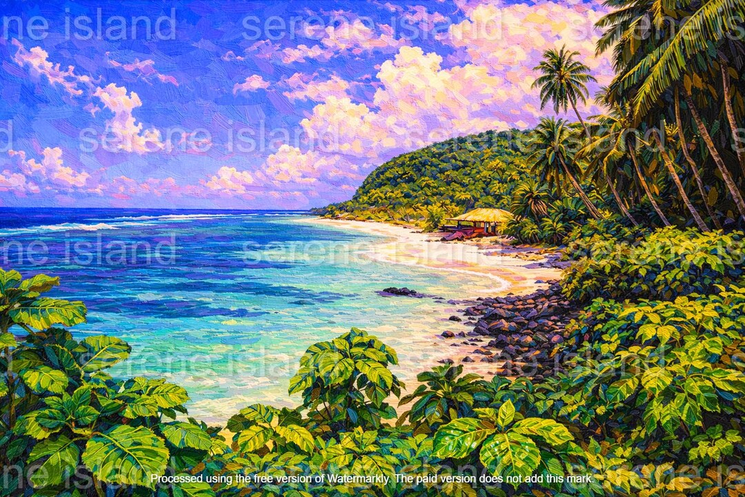 Tropical Beach Painting | Lush Palm Tree Island Art (digital Download ...