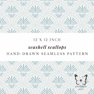 Puede incluir: Patrón sin costuras en una combinación de colores azul claro y blanco. El diseño presenta un patrón de vieiras repetido. El texto dice "12 X 12 INCH seashell scallops HAND-DRAWN SEAMLESS PATTERN". Un logotipo de mariposa está en la esquina inferior derecha.