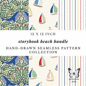 ストーリーブックビーチシームレスパターンバンドル - コーディネートされた原色表面パターン - ヨット、クジラ、ビーチストライプコレクション