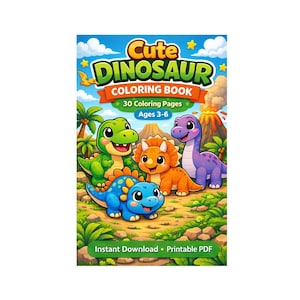 Può includere: Un libro da colorare per bambini intitolato "Cute Dinosaur Coloring Book" con illustrazioni di simpatici dinosauri. La copertina presenta un dinosauro blu, verde, arancione e viola. Il libro è per bambini dai 3 ai 6 anni e ha 30 pagine da colorare.