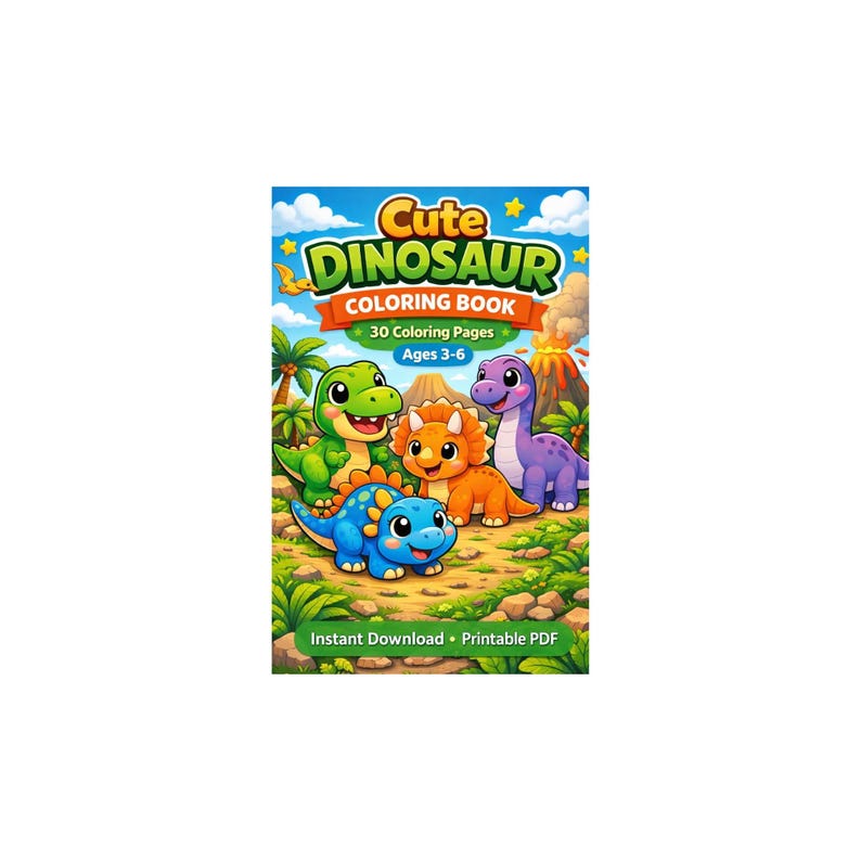 Può includere: Un libro da colorare per bambini intitolato "Cute Dinosaur Coloring Book" con illustrazioni di simpatici dinosauri. La copertina presenta un dinosauro blu, verde, arancione e viola. Il libro è per bambini dai 3 ai 6 anni e ha 30 pagine da colorare.