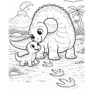 K&ouml;nnte beinhalten: Schwarz-Wei&szlig;-Illustration von zwei Dinosauriern in einer pr&auml;historischen Landschaft. Ein gro&szlig;er Dinosaurier steht neben einem kleineren, mit einem Vulkan, Palmen und Dinosaurier-Fu&szlig;abdr&uuml;cken im Hintergrund.