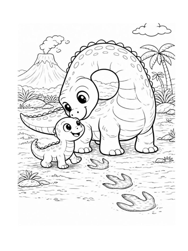 K&ouml;nnte beinhalten: Schwarz-Wei&szlig;-Illustration von zwei Dinosauriern in einer pr&auml;historischen Landschaft. Ein gro&szlig;er Dinosaurier steht neben einem kleineren, mit einem Vulkan, Palmen und Dinosaurier-Fu&szlig;abdr&uuml;cken im Hintergrund.