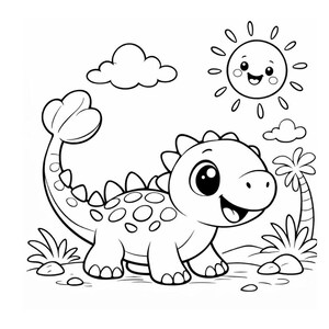 K&ouml;nnte beinhalten: Schwarz-Wei&szlig;-Cartoon-Illustration eines freundlichen Dinosauriers mit einer fr&ouml;hlichen Sonne, Wolken und einer Palme. Der Dinosaurier hat gro&szlig;e Augen, einen l&auml;chelnden Mund und Flecken auf dem R&uuml;cken. Perfekt zum Ausmalen.