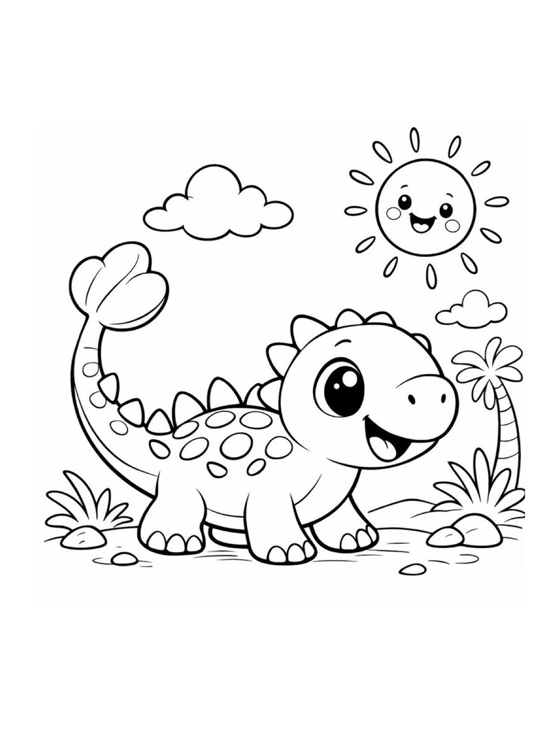 K&ouml;nnte beinhalten: Schwarz-Wei&szlig;-Cartoon-Illustration eines freundlichen Dinosauriers mit einer fr&ouml;hlichen Sonne, Wolken und einer Palme. Der Dinosaurier hat gro&szlig;e Augen, einen l&auml;chelnden Mund und Flecken auf dem R&uuml;cken. Perfekt zum Ausmalen.
