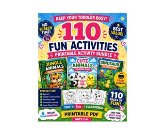 Lot de coloriages pour tout-petits | 110 coloriages pour enfants de 2 à 5 ans | PDF à imprimer | Animaux mignons, jungle et dinosaures